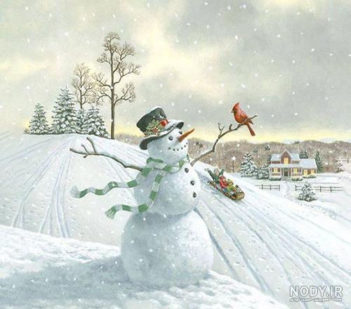نقاشی برف و آدم برفی
