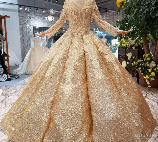 عکس لباس عروس اکلیلی طلایی