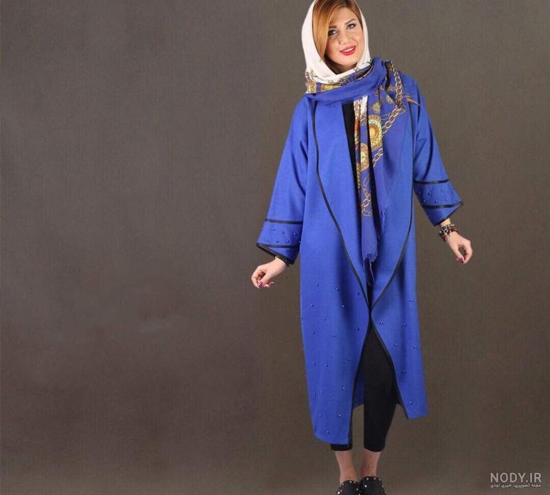مدل مانتو جلو باز کوتاه آبی کاربنی مدل مانتو جلو باز کوتاه آبی کاربنی