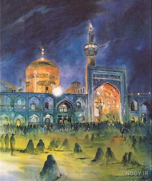 نقاشی حرم امام رضا با کبوتر