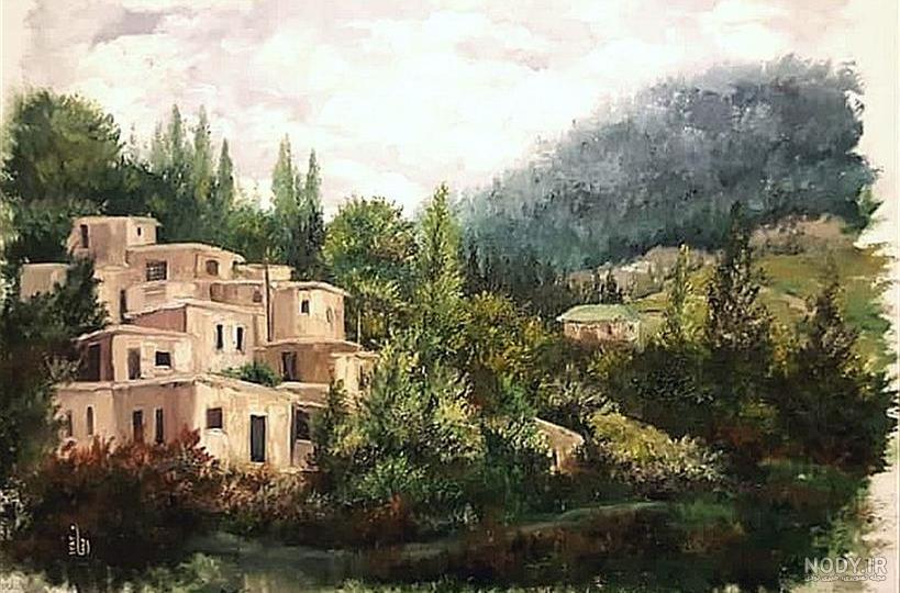 نقاشی روستا با مداد رنگی