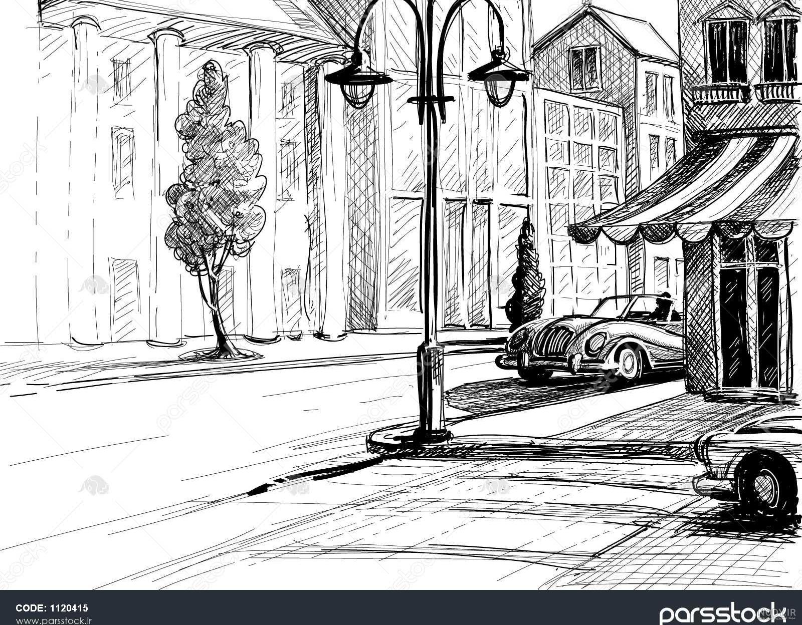 نقاشی سیاه قلم خیابان