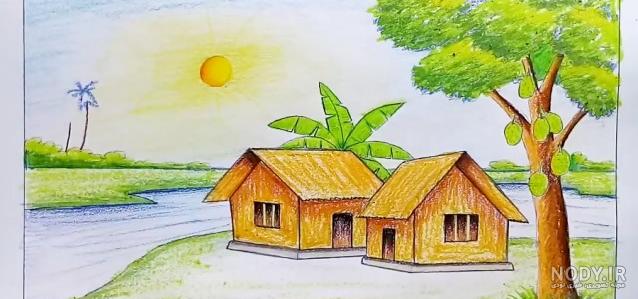 نقاشی ساده طبیعت با مداد رنگی برای کودکان