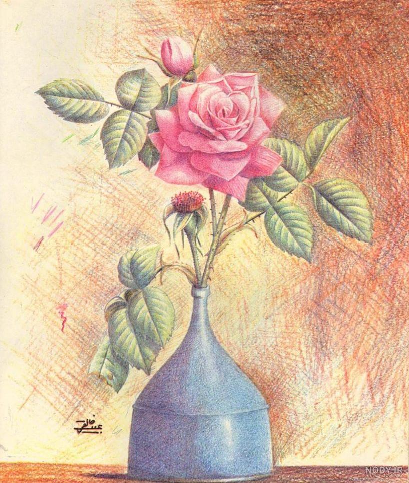 نقاشی گل طبیعی داخل گلدان