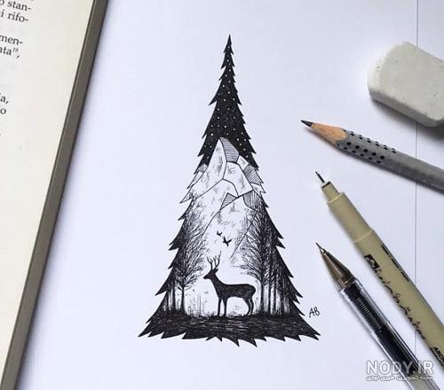 عکس نقاشی سیاه قلم ساده طبیعت