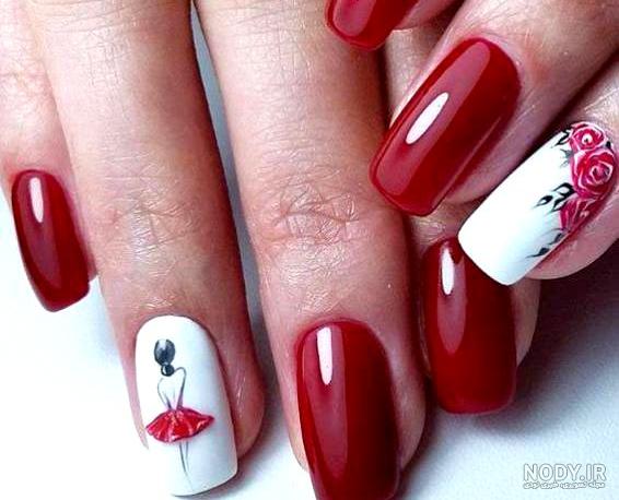 طراحی ناخن با لاک قرمز و سفید