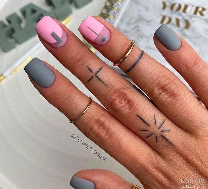 طرح ناخن رنگ طوسی صورتی