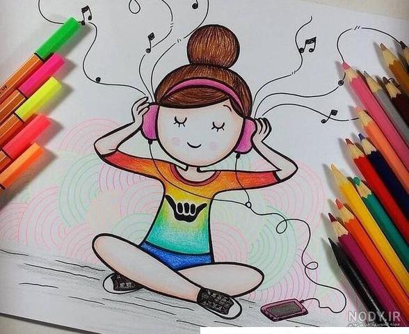 عکس نقاشی دختر ساده با مداد رنگی