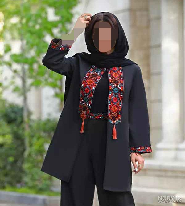 خرید و قیمت مـانـتــو مشـکــی سـوزن دوزی شده گلـدار | ترب