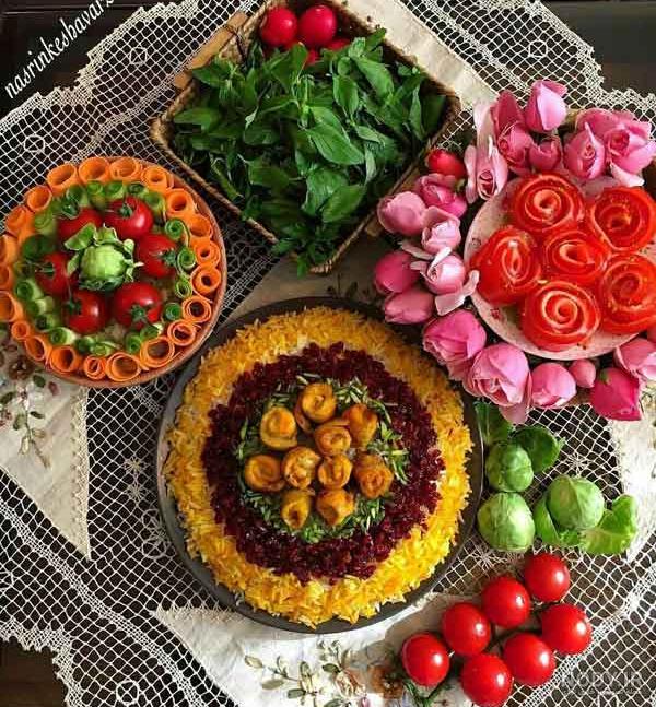 سفره شام. کشک بادمجان. جوجه کباب. خورش بادمجان. دسر پان اسپانیا ...