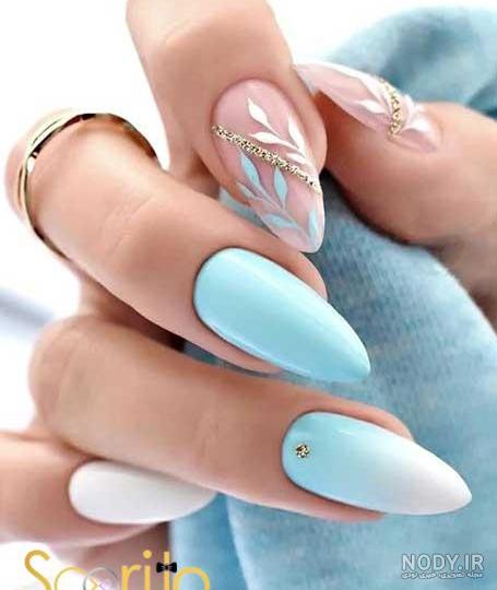طرح ناخن ابی کاربنی با سفید