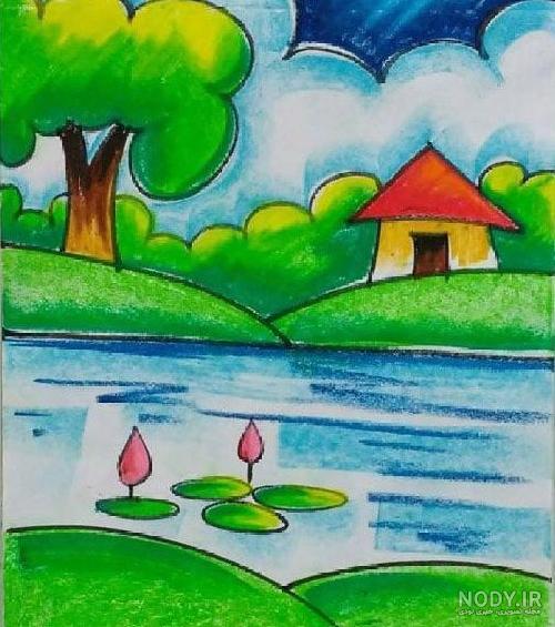 عکس نقاشی طبیعت ساده با مداد رنگی
