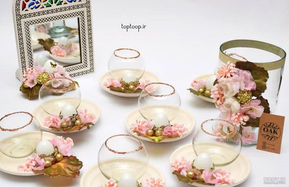 ایده تزیین سفره هفت سین با شیشه استوانه ای ساده، زیبا و لاکچری