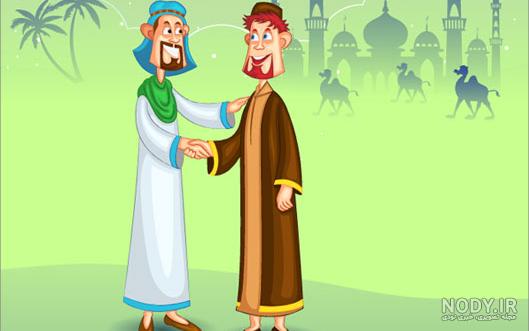وکتور لایه باز پس زمینه کارتونی با طرح خانواده عرب در حال سواری با شتر
