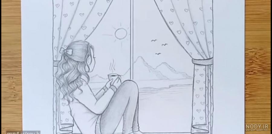 نقاشی دختری در کنار پنجره - طرح مداد|دختری را با مدل موهای زیبا نقاشی کنید