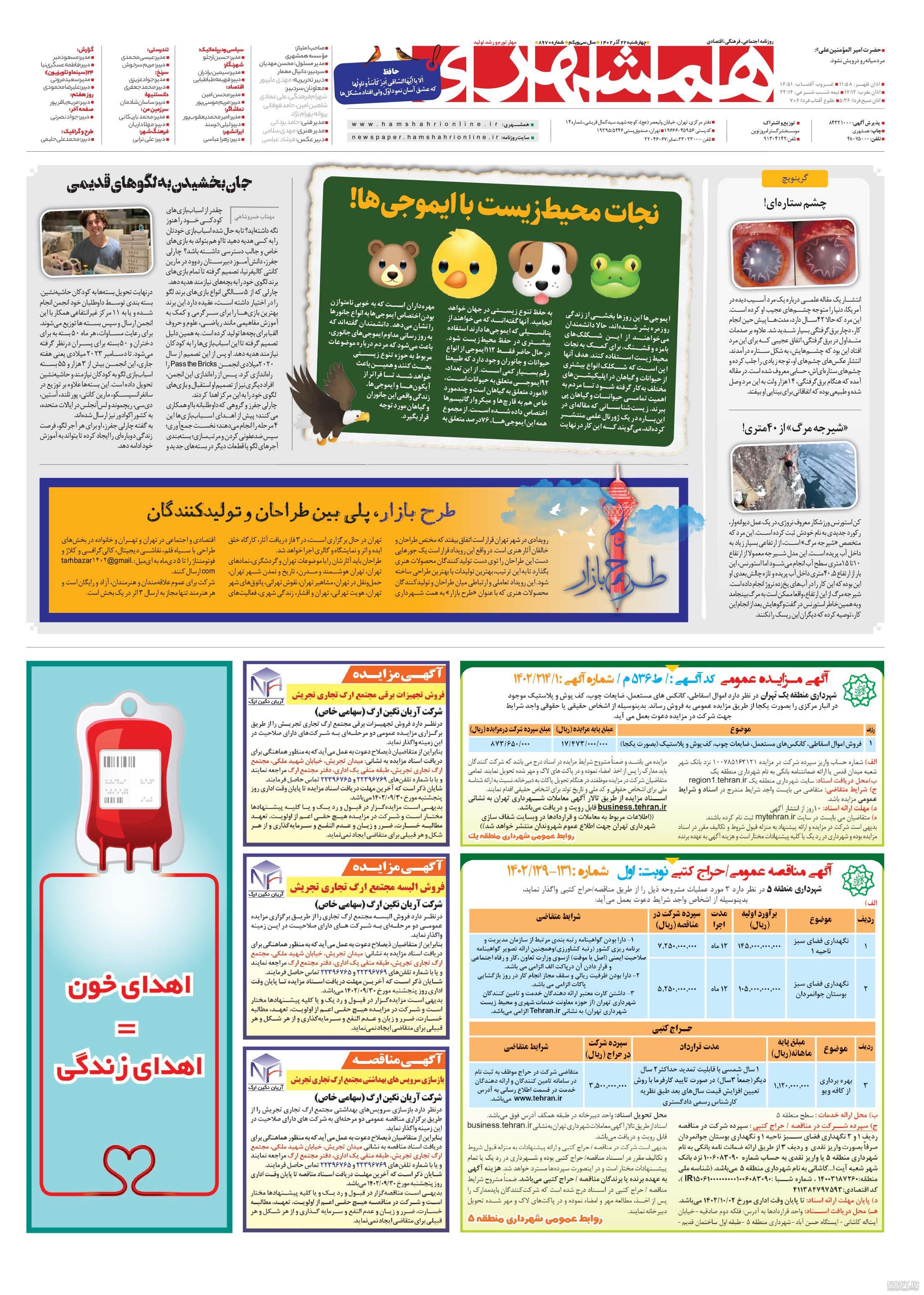 صفحه صفحه‌آخر روزنامه همشهری پنج‌شنبه 6 بهمن 1401