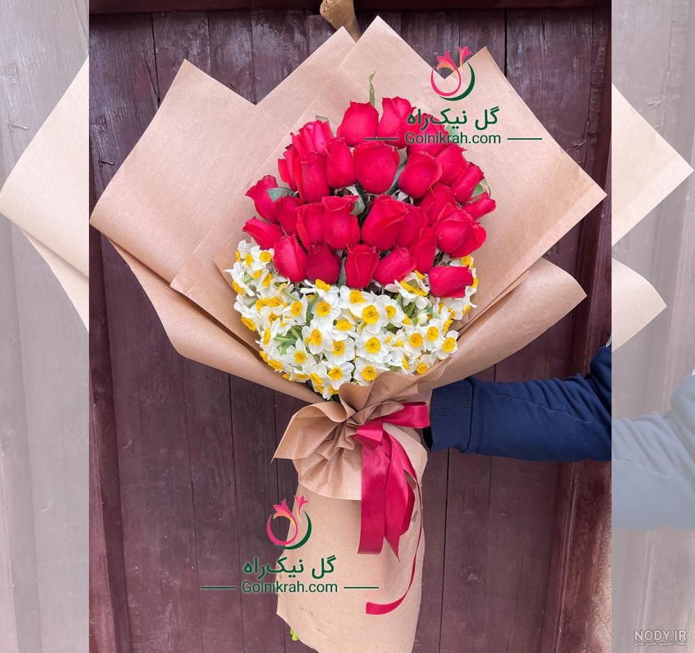دسته گل مینیمال رز و نرگس طرح مهند | اطلس گل | Atlas Flower