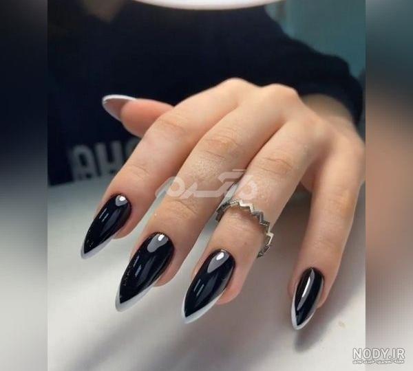 طرح ناخن سفید مشکی 1401 دو رنگ تضاد برای خانم های مشکل پسند (کوتاه - بلند)