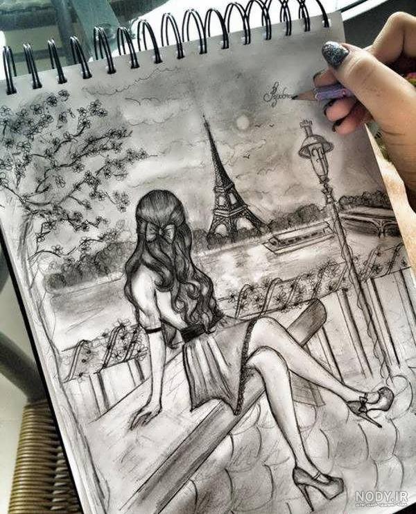 آموزش نقاشی سیاه قلم منظره عاشقانه روی ماه