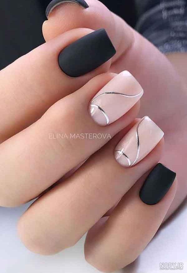 طراحی ناخن با لاک مشکی براق و مات