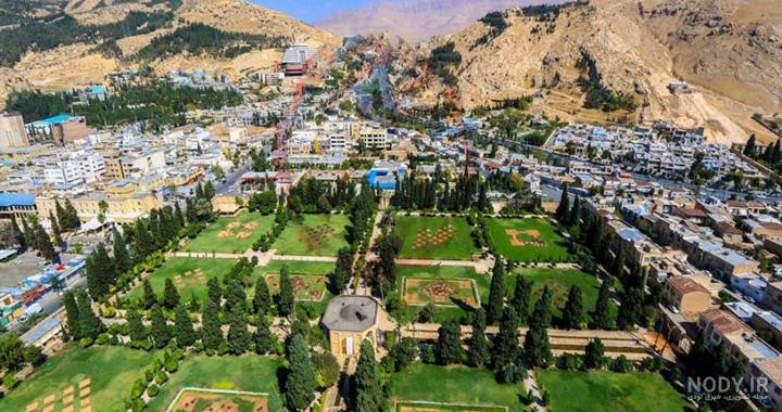 تصویر با کیفیت از باغ ارم شیراز از نمای زیبا