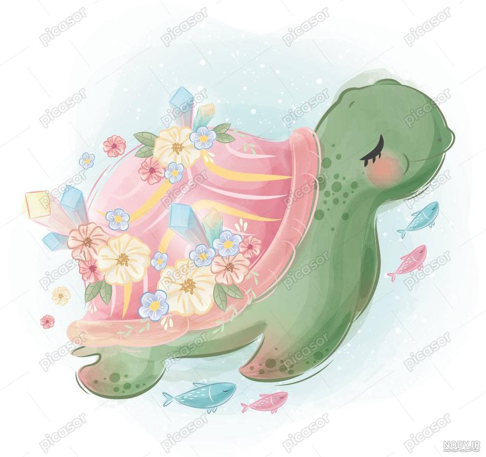 cute little sea turtle with watercolor illustration - پیک ست | Picset