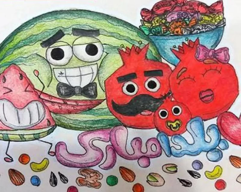 4 عدد طرح و عکس انار و هندوانه، تایپوگرافی شب یلدا با کیفیت متوسط - لایه  باز طرح آماده psd - eps