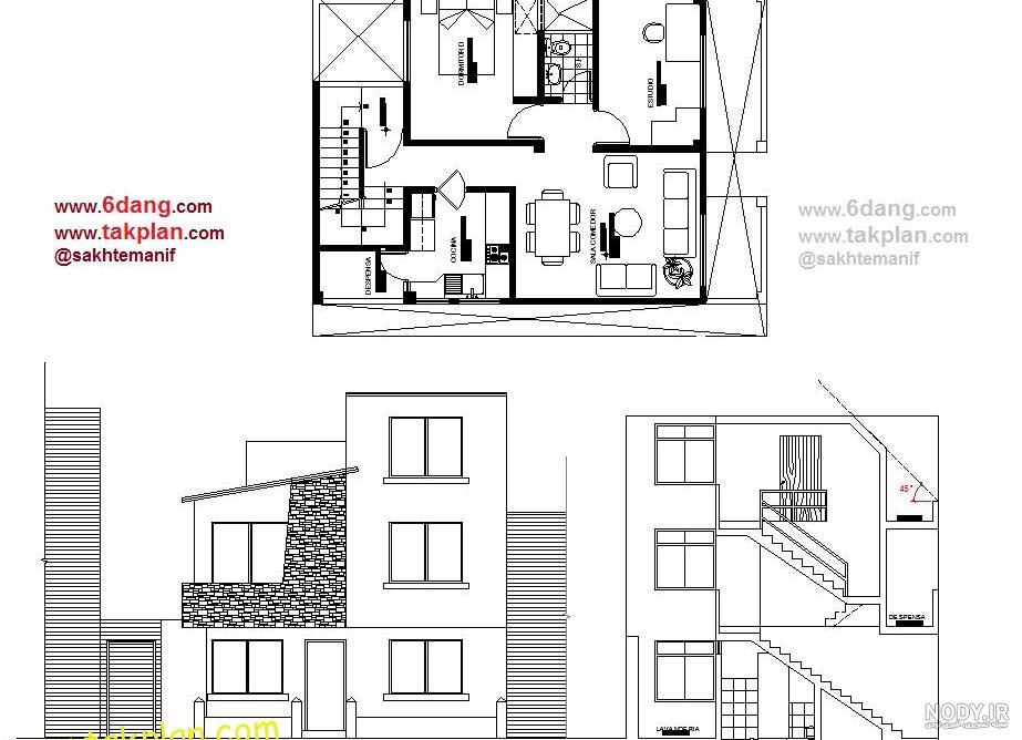 خانه تمام دوبلکس دو طبقه روی پیلوت جنوبی با دو طرف نمای سنگ