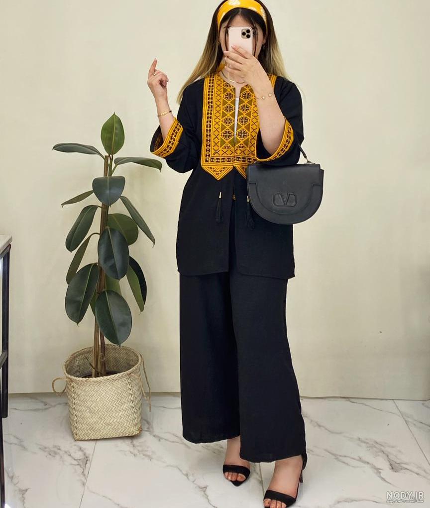 مانتو ابروبادی مشکی خرج کار سبز سنتی | نوران کالکشن
