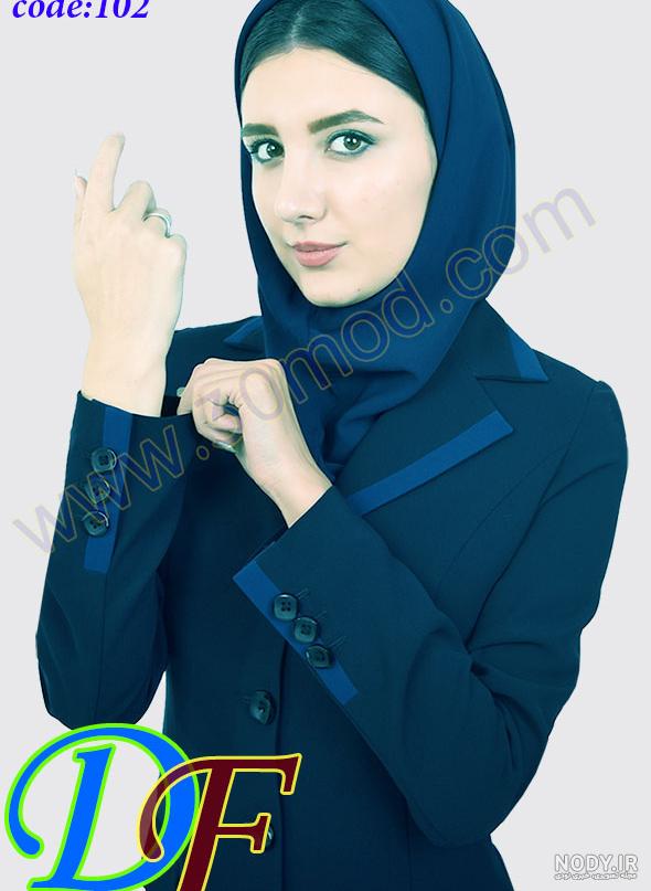 مانتو شلوار اداری | پارچه فیونا | سرمه ای زرشکی بدون یقه دکمه مخفی کد 7343  - بن بیگی B E N B E Y G I