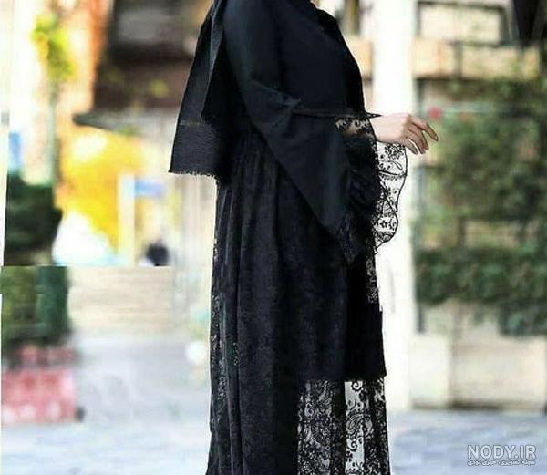 مدل مانتو مجلسی بلند مشکی شیک اینستایی همراه با کار دست - مگسن