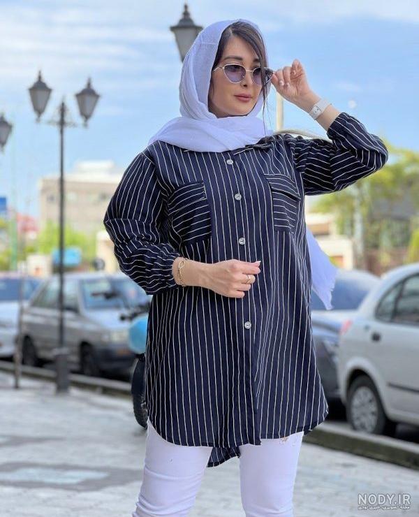 مدل مانتو بلند با پارچه راه راهی - عکس نودی