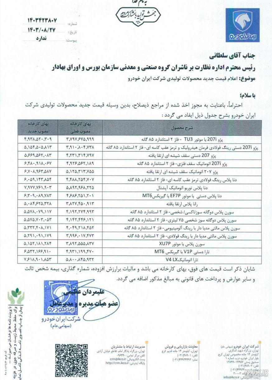 لیست قیمت کارخانه ای سایپا 03.09.25 لیست قیمت کارخانه ای سایپا 03.09.25