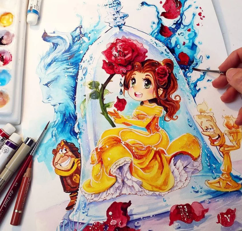 آموزش کشیدن نقاشی پرنسس بل در انیمیشن دیو و دلبر به شیوه گام به گام - کودکان