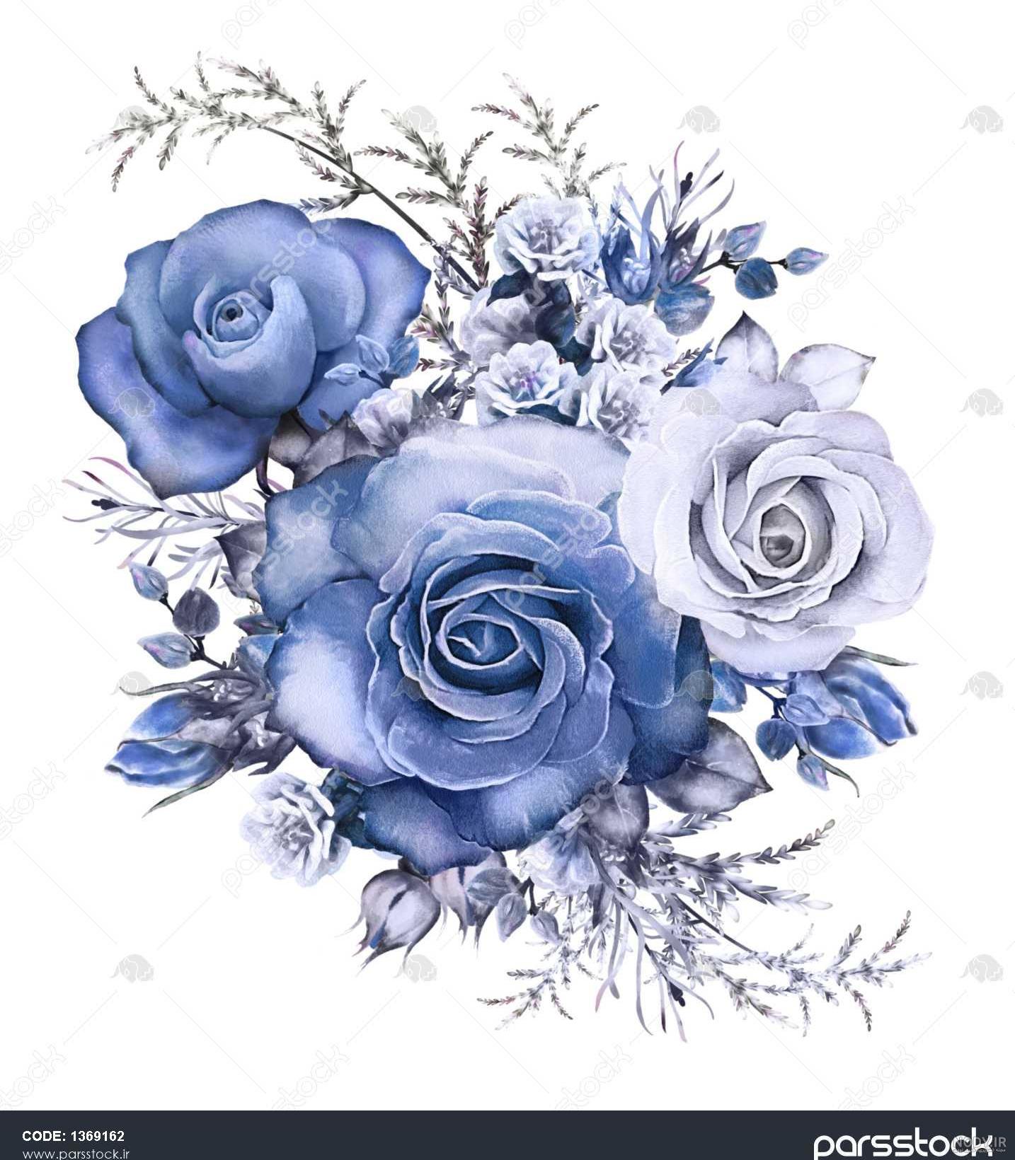نقاشی یکنواخت آبرنگ تک رنگ گلدار با گل صد تومانی آبی در زمینه آبی 1554748