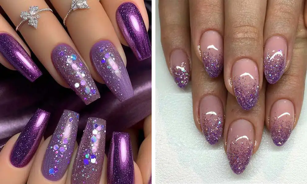 طراحی ناخن اکلیلی ساده و دخترانه بنفش و هفت رنگ
