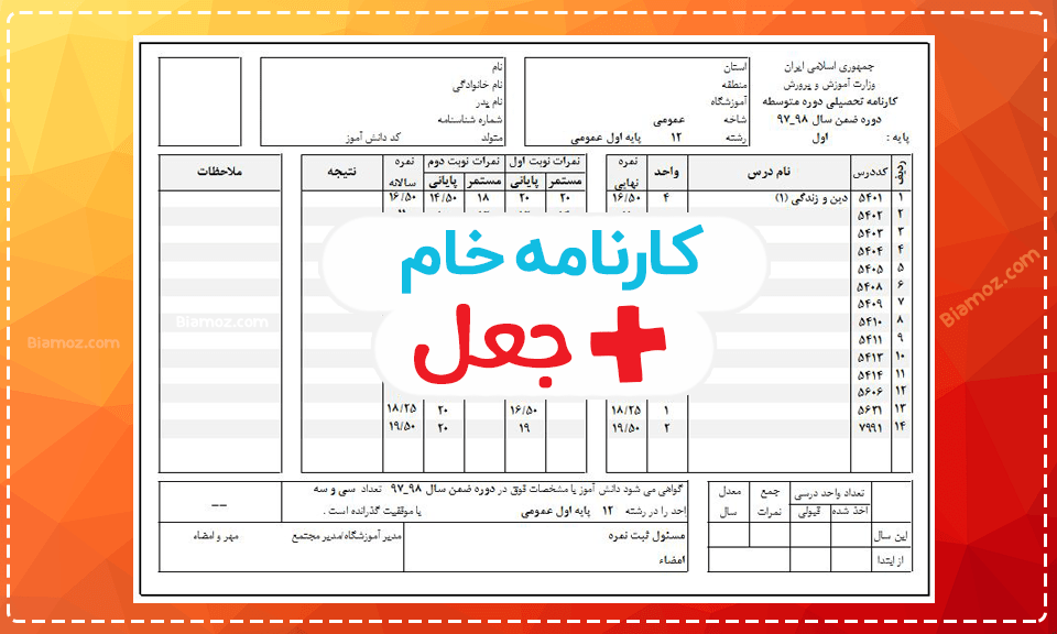 عکس کارنامه کلاس هفتم نوبت دوم