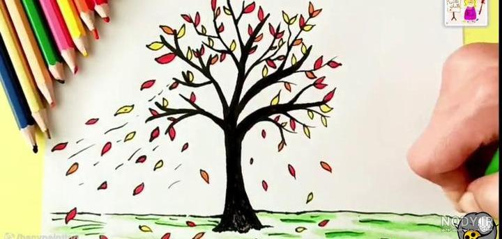 نقاشی کودکانه پاییز با مداد رنگی