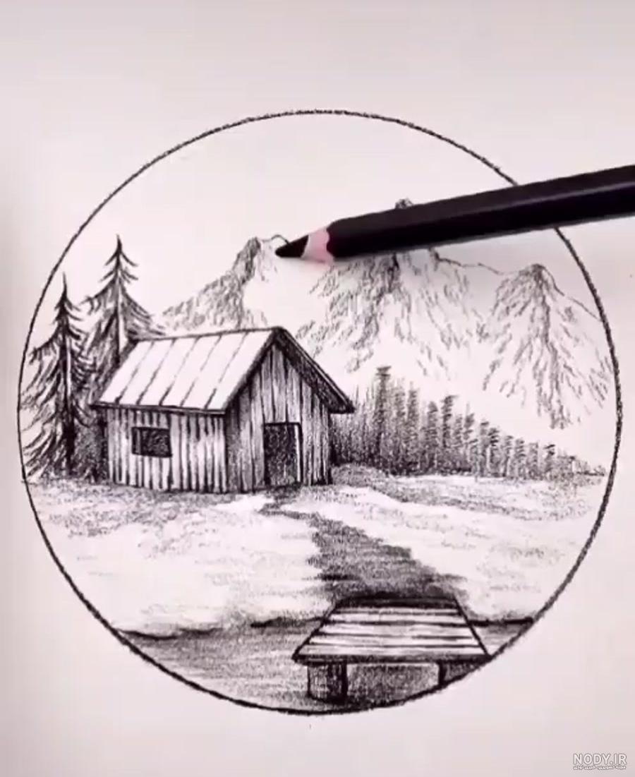 نقاشی سیاه قلم کلبه جنگلی نقاشی سیاه قلم کلبه جنگلی
