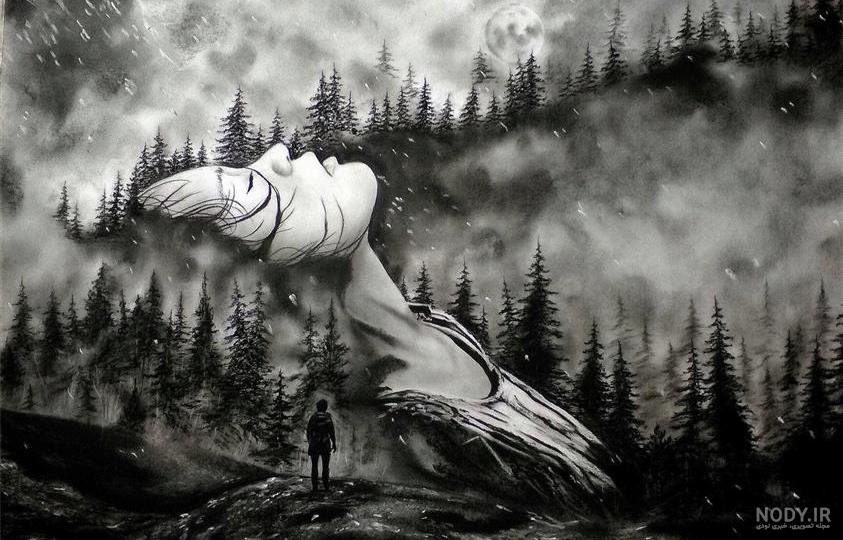 نقاشی سیاه قلم کلبه جنگلی نقاشی سیاه قلم کلبه جنگلی