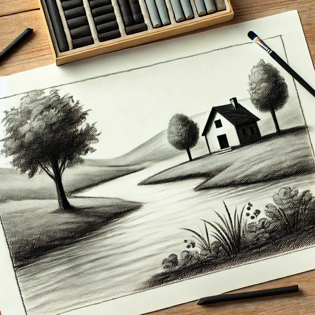 عکس نقاشی سیاه قلم منظره ساده