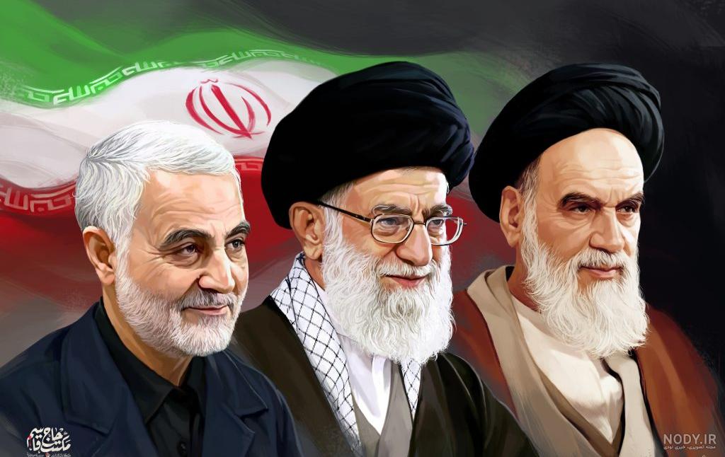 عکس با کیفیت چهره ی سه رخ مقام معظم رهبری با عمامه مشکی و عبا قهوه ای و  چفیه به دور گردن ایشان و پس زمینه آبی – عکس با کیفیت و