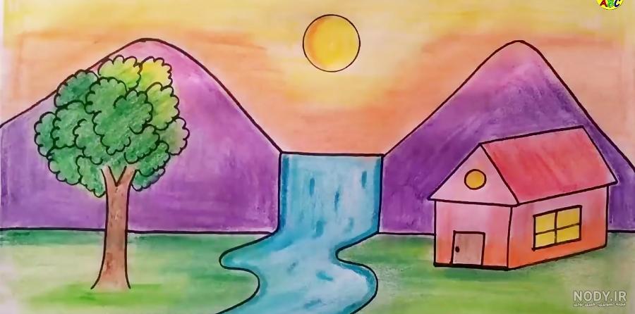 آموزش نقاشی : دریاچه و کلبه