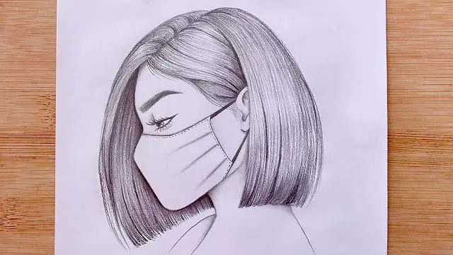 نقاشی سیاه و سفید دخترانه ساده با ماسک
