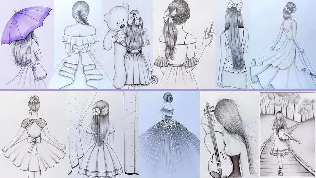 طراحی نقاشی دخترانه ساده با مداد سیاه
