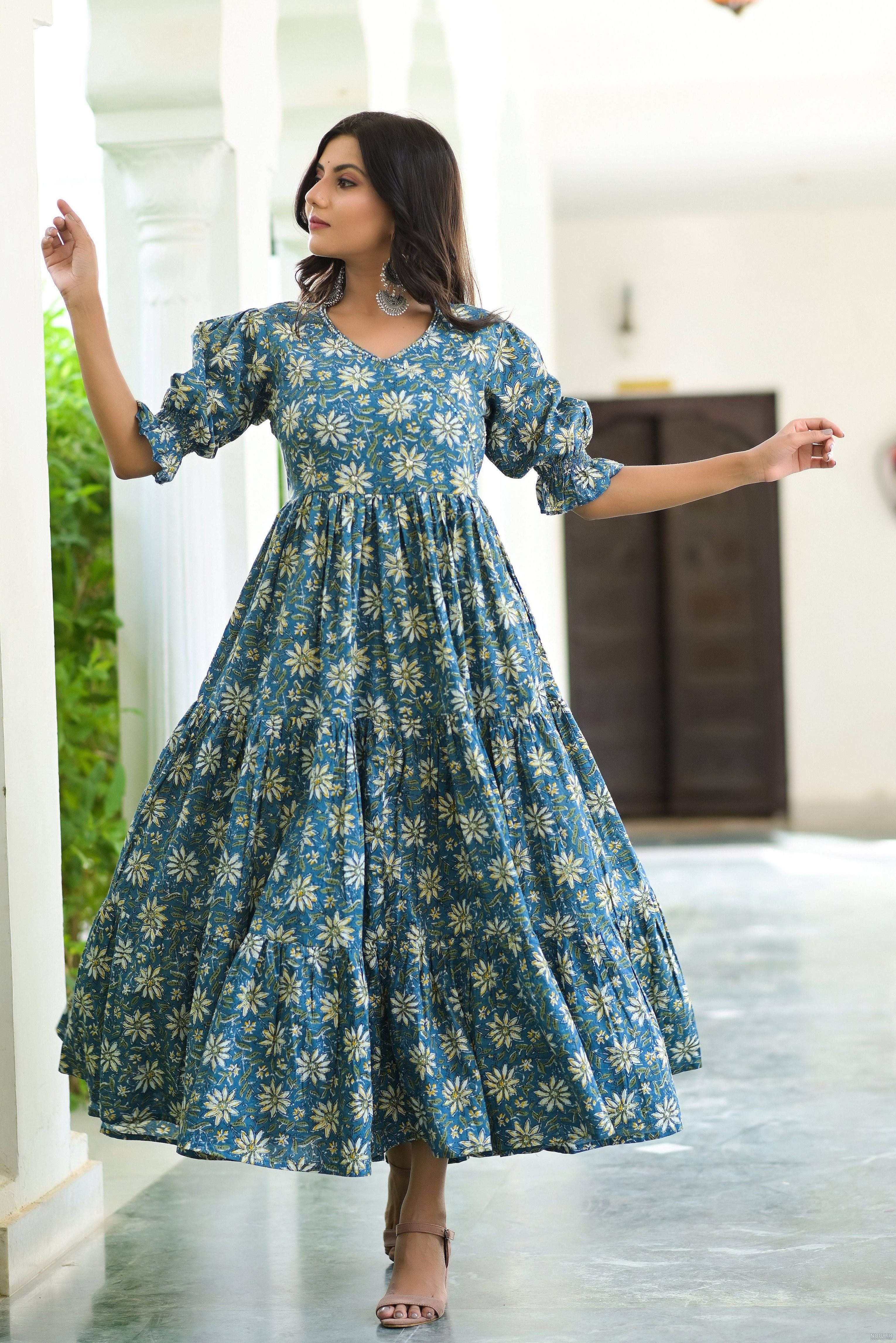 Blue Cotton Flower Printed Anarkali Dress - 44 / Ships within 2-3 weeks ...